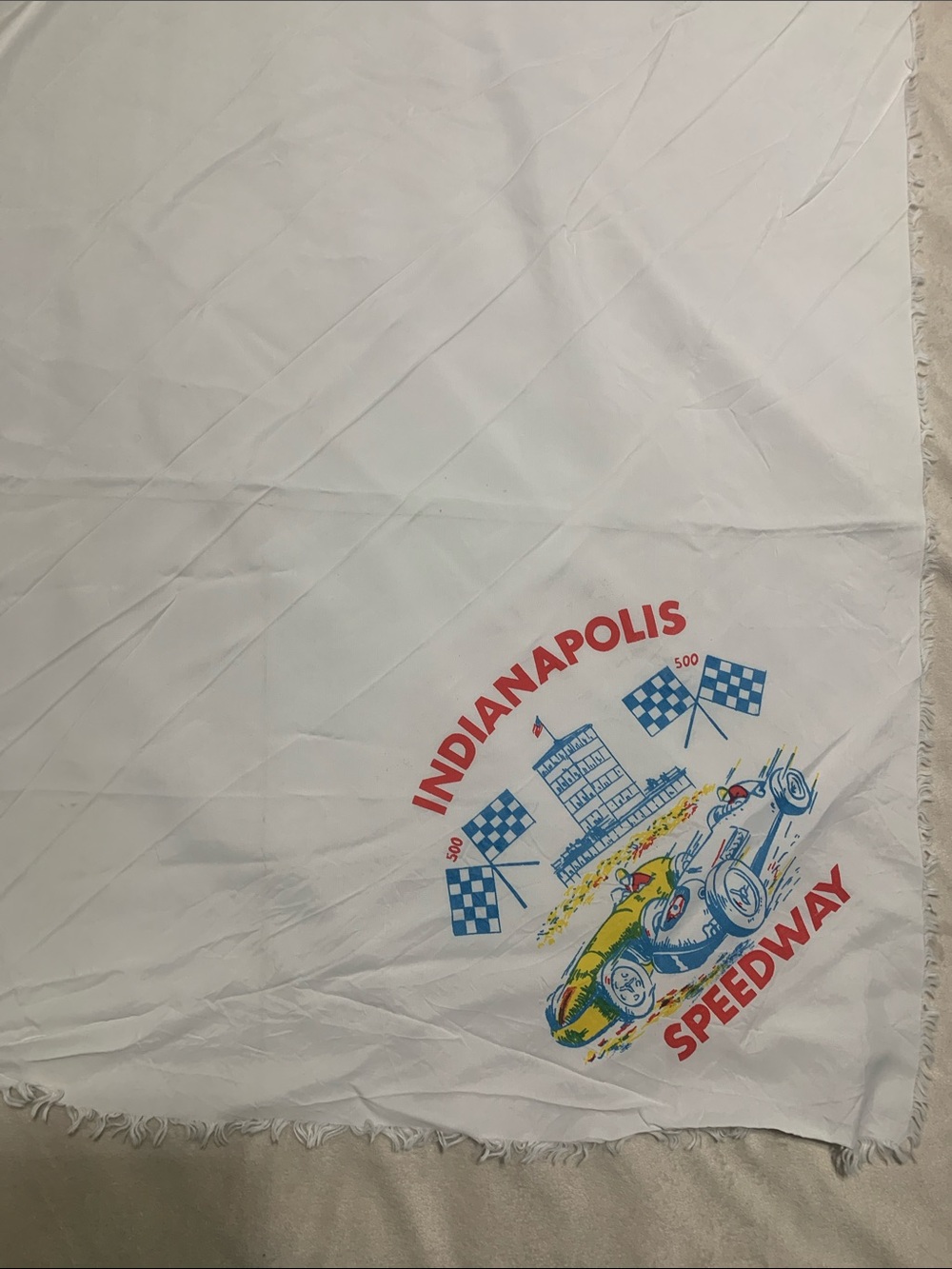 Vintage Indianapolis Speedway White Scarf with Red and Blue Graphic